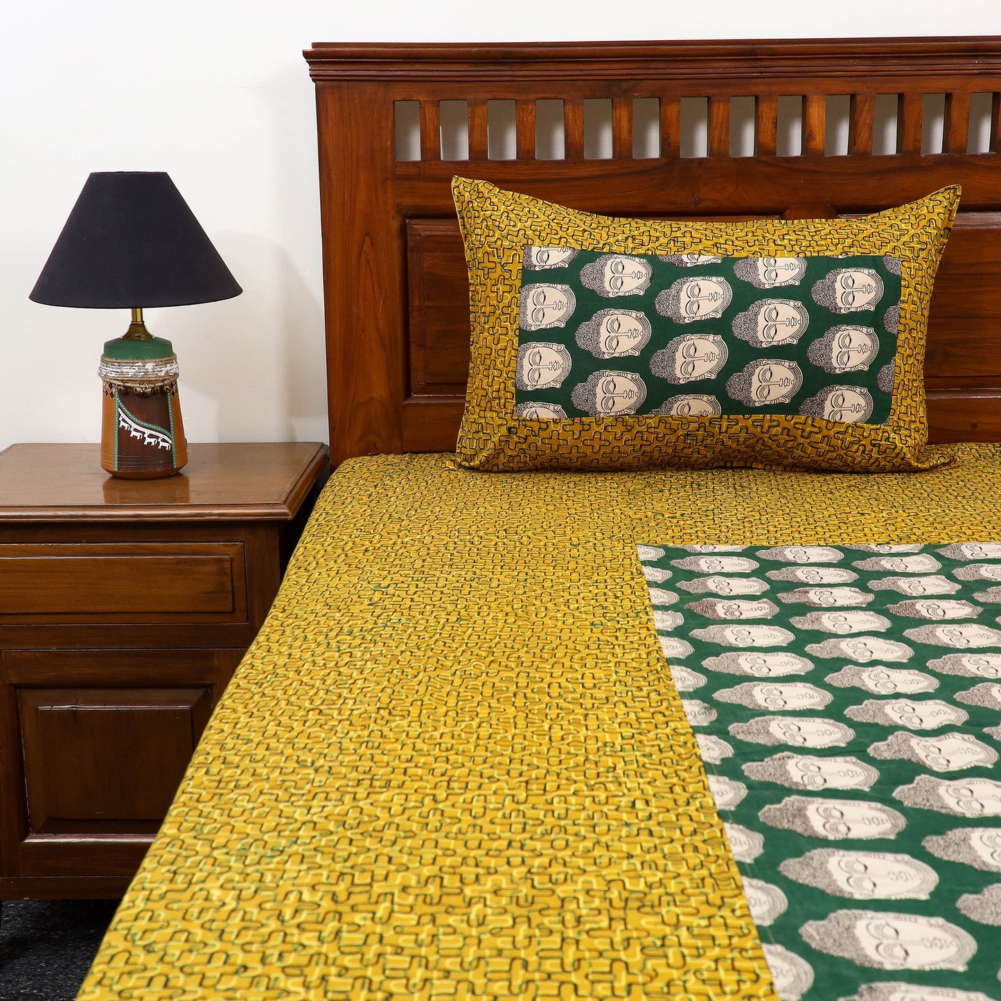 Buy Ajrakh Print with Kalamkari Patch Cotton Bedsheet Set