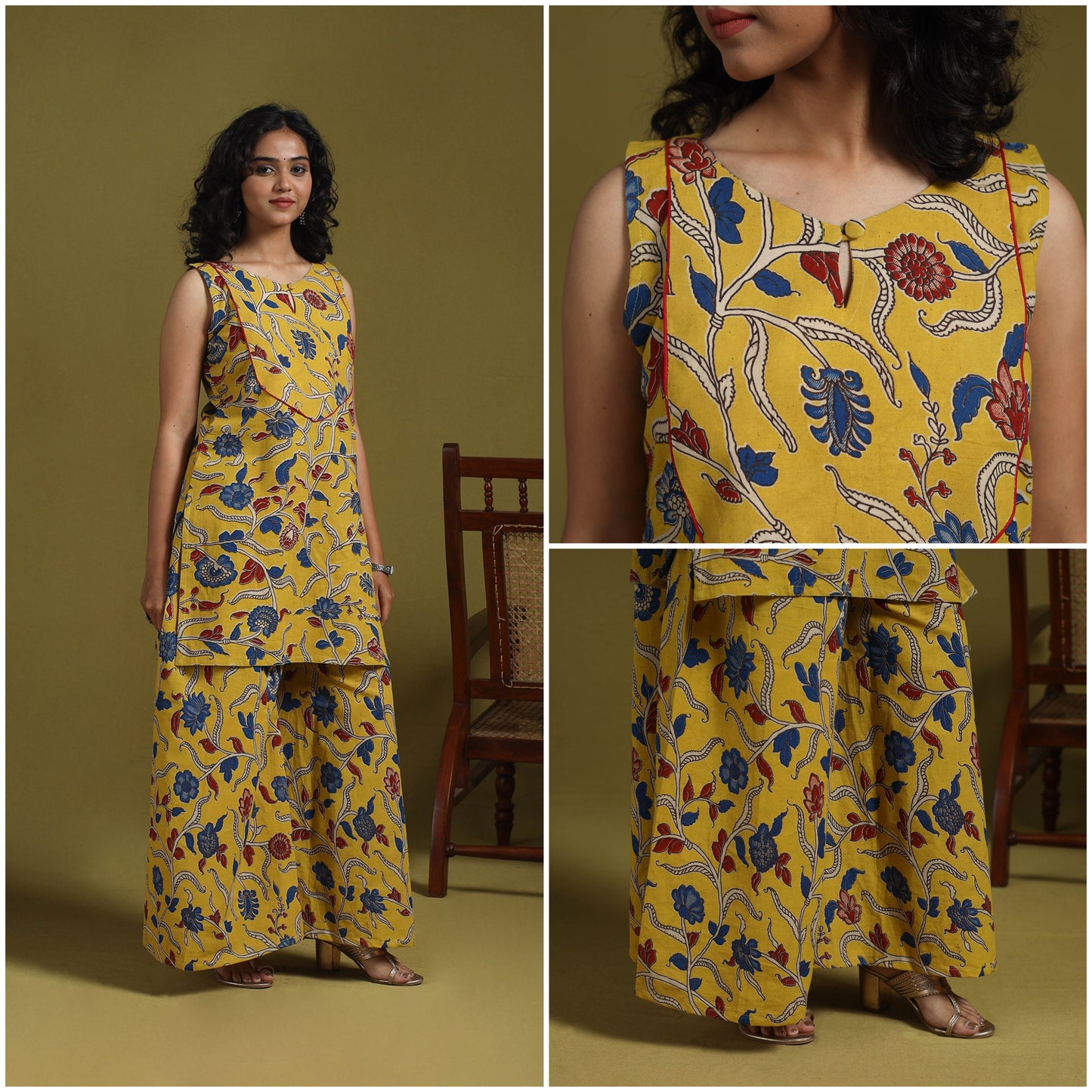 Yellow - kalamkari printed cotton 2pc kurta set for women