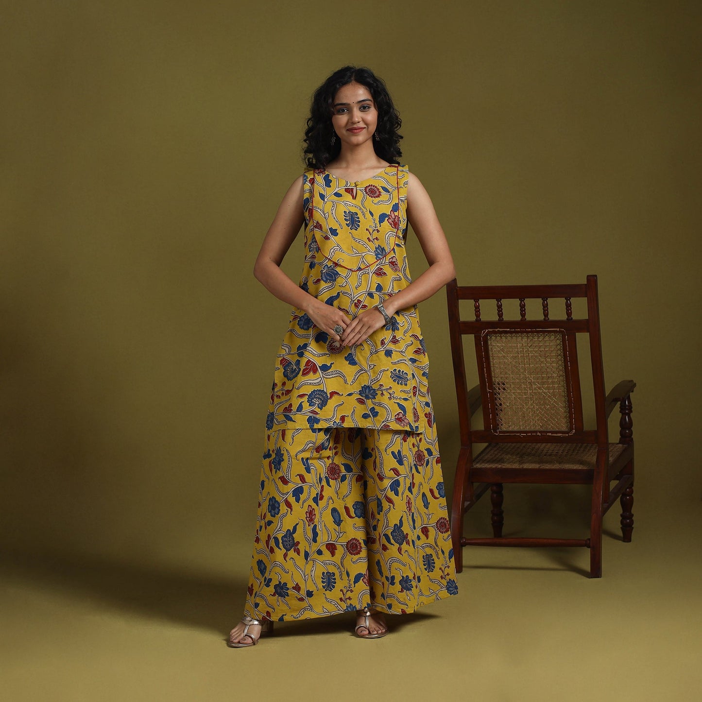 Yellow - kalamkari printed cotton 2pc kurta set for women