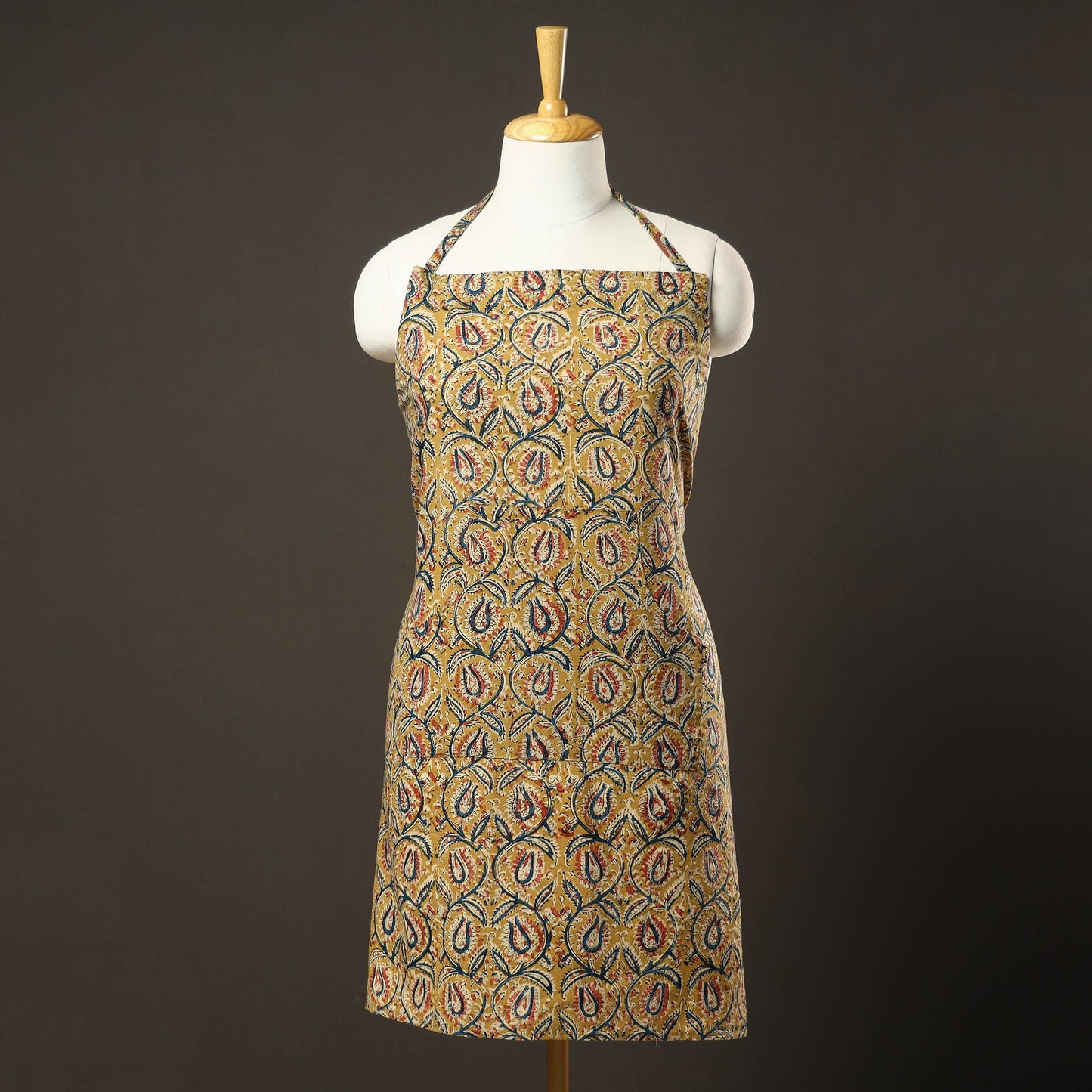 Yellow Kalamkari Print Cotton Apron with Pocket 