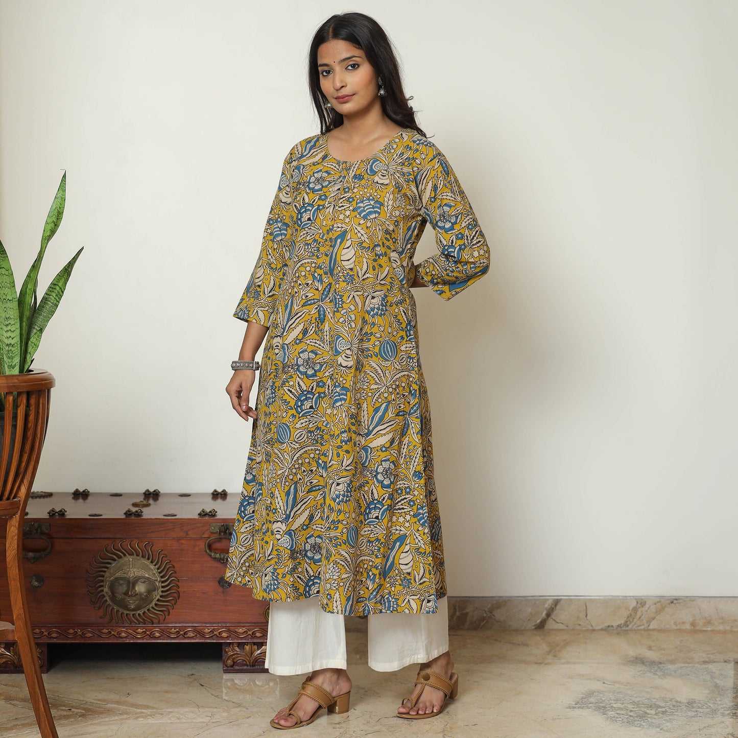 Buy Yellow - Kalamkari Printed Cotton A-Line Kurta 17 Online at iTokri.com