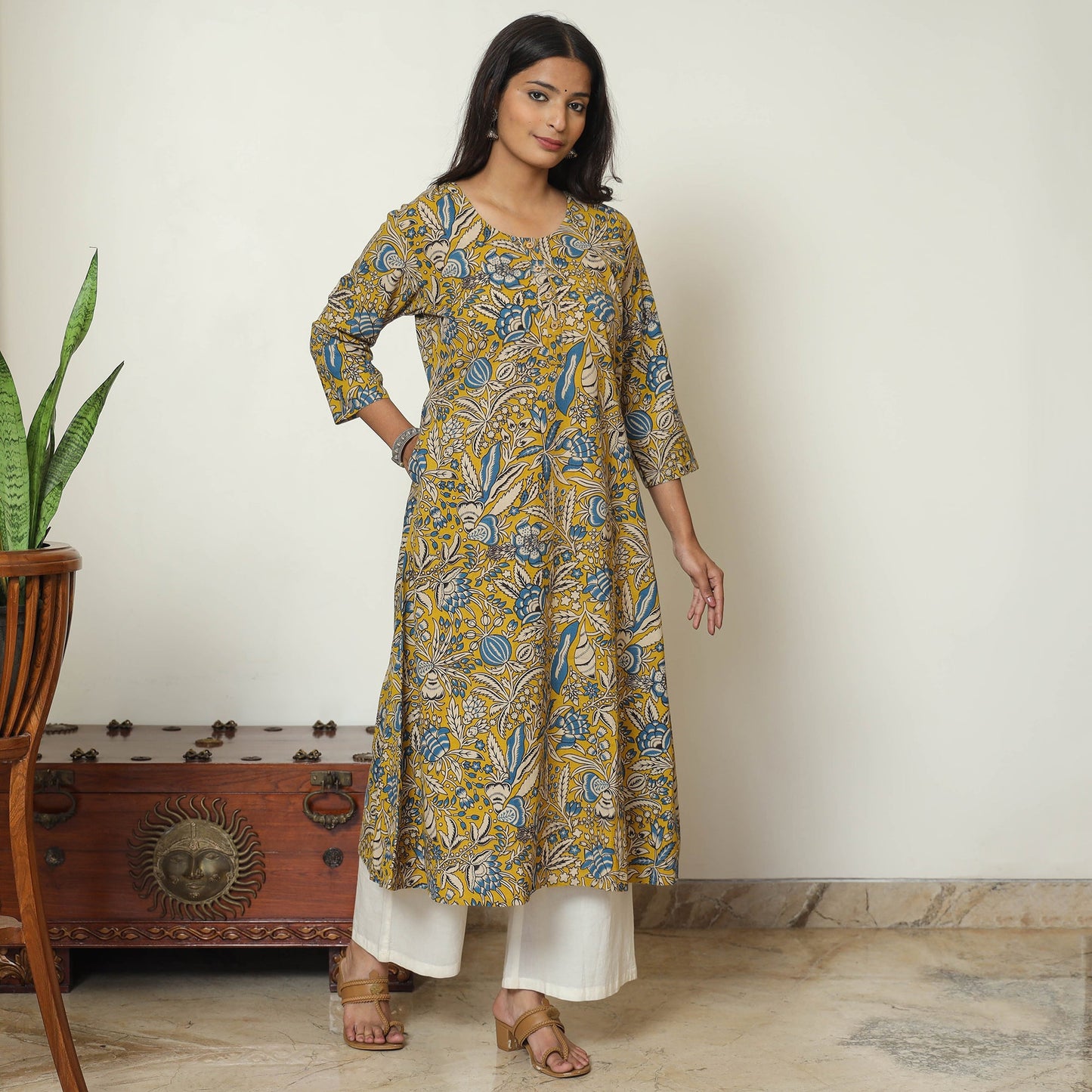 Buy Yellow - Kalamkari Printed Cotton A-Line Kurta 17 Online at iTokri.com