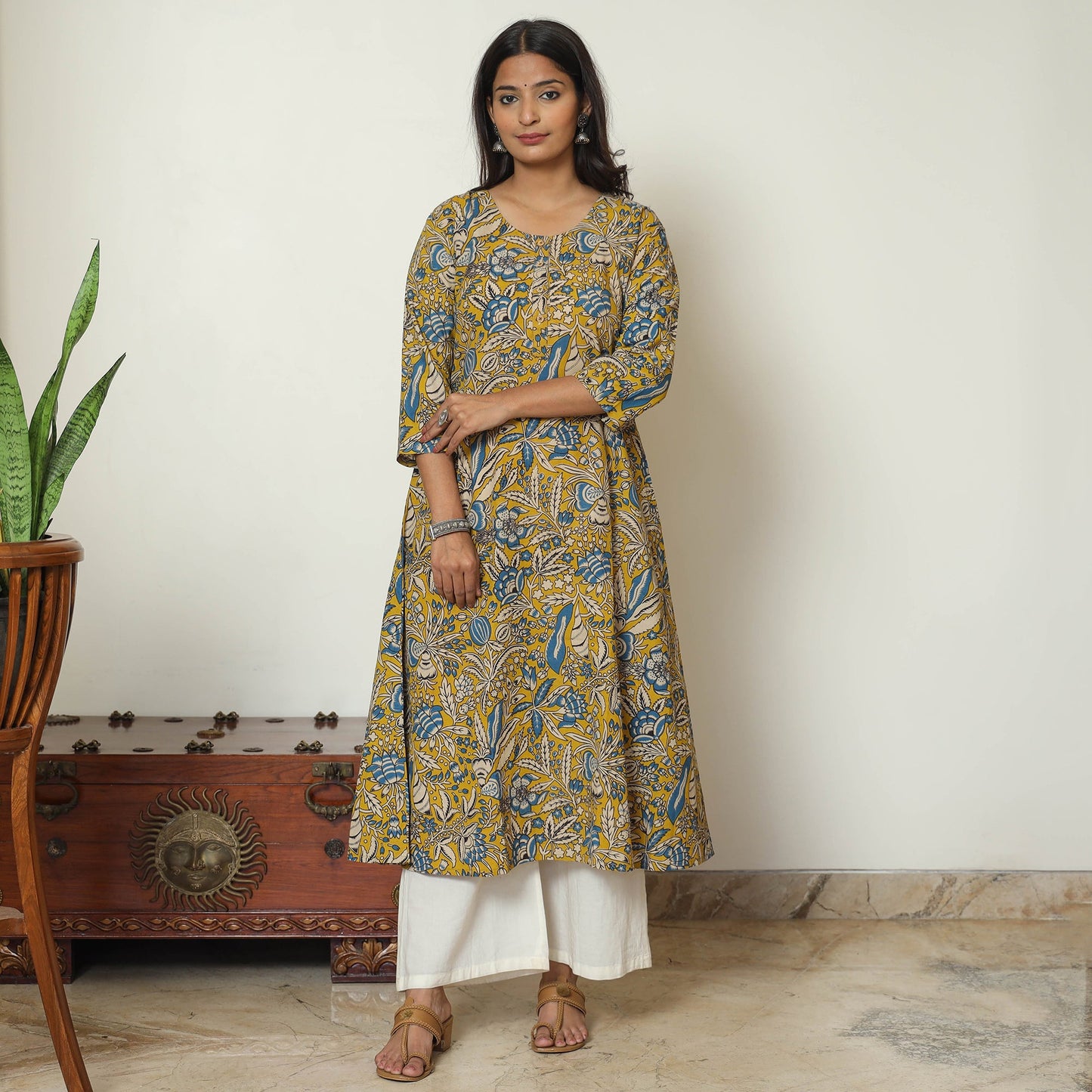 Buy Yellow - Kalamkari Printed Cotton A-Line Kurta 17 Online at iTokri.com