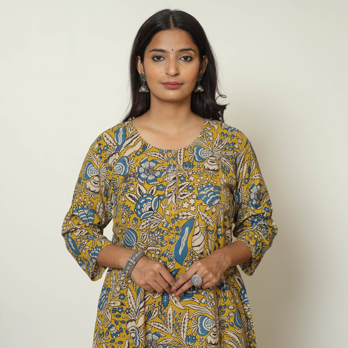 Buy Yellow - Kalamkari Printed Cotton A-Line Kurta 17 Online at iTokri.com