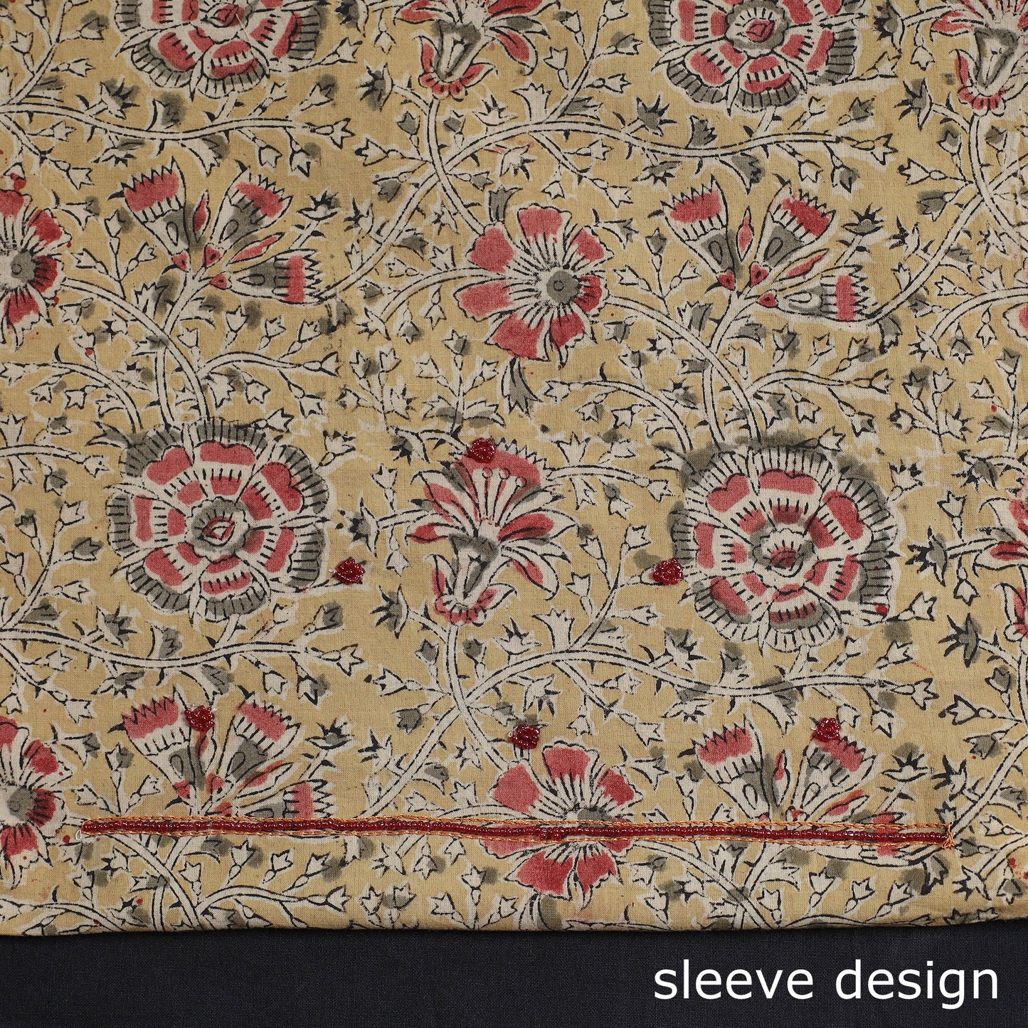  Kalamkari Block Printed Kundan & Bead Work Hand Embroidery Cotton Kurta Material 