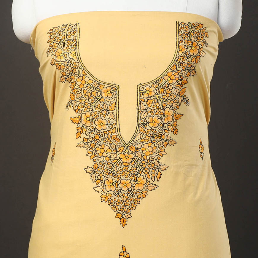 Yellow - kashida hand embroidery cotton unstitched kurta