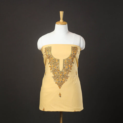 Yellow - kashida hand embroidery cotton unstitched kurta