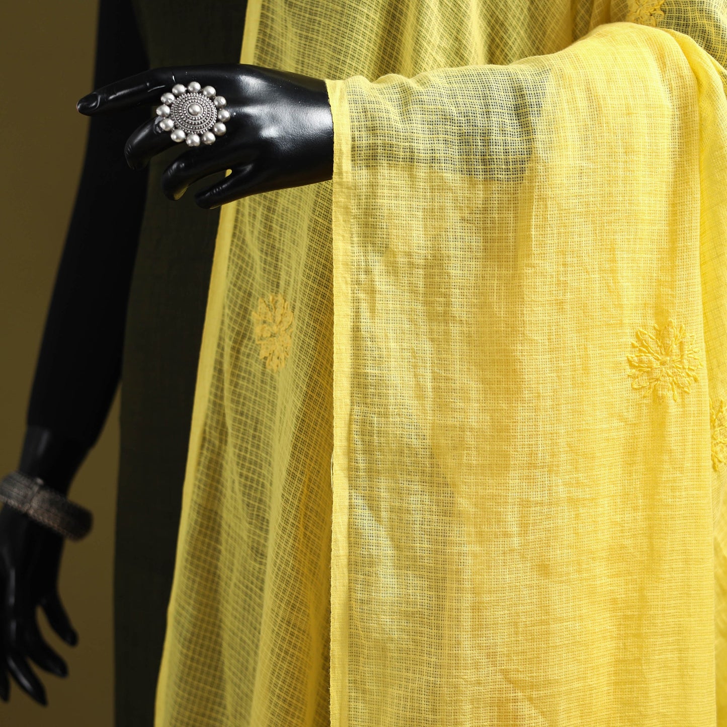 Yellow - kota doria cotton hand embroidered lucknowi