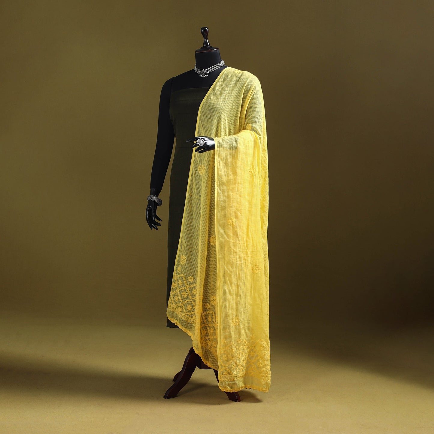 Yellow - kota doria cotton hand embroidered lucknowi