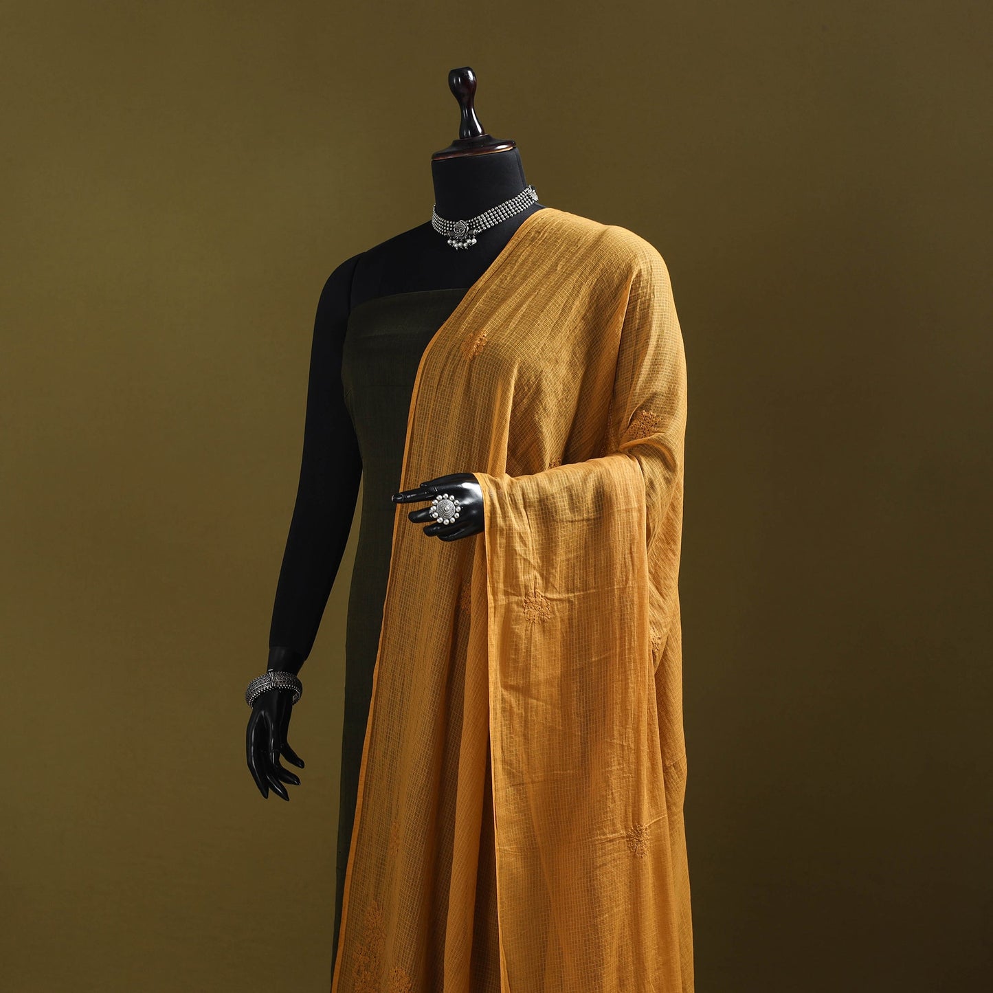Yellow - kota doria cotton hand embroidered lucknowi
