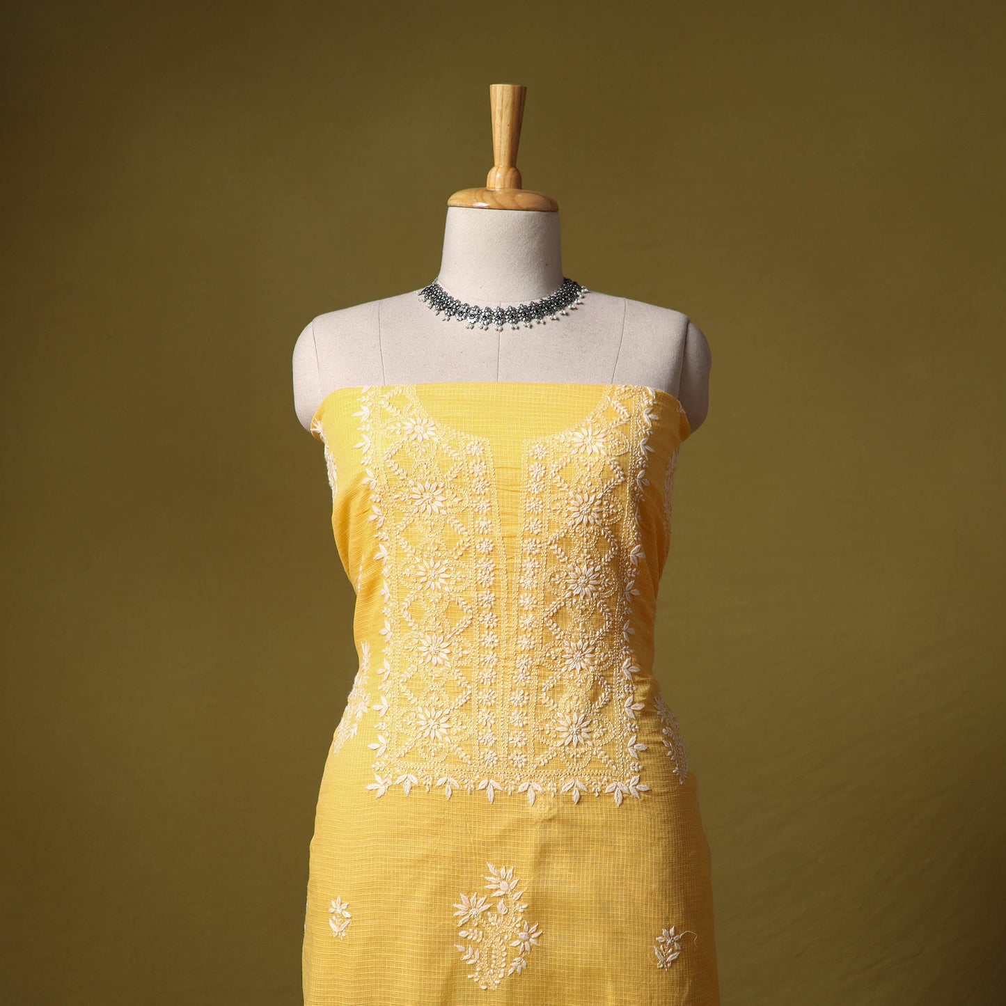 Yellow - kota doria cotton lucknow chikankari 2pc