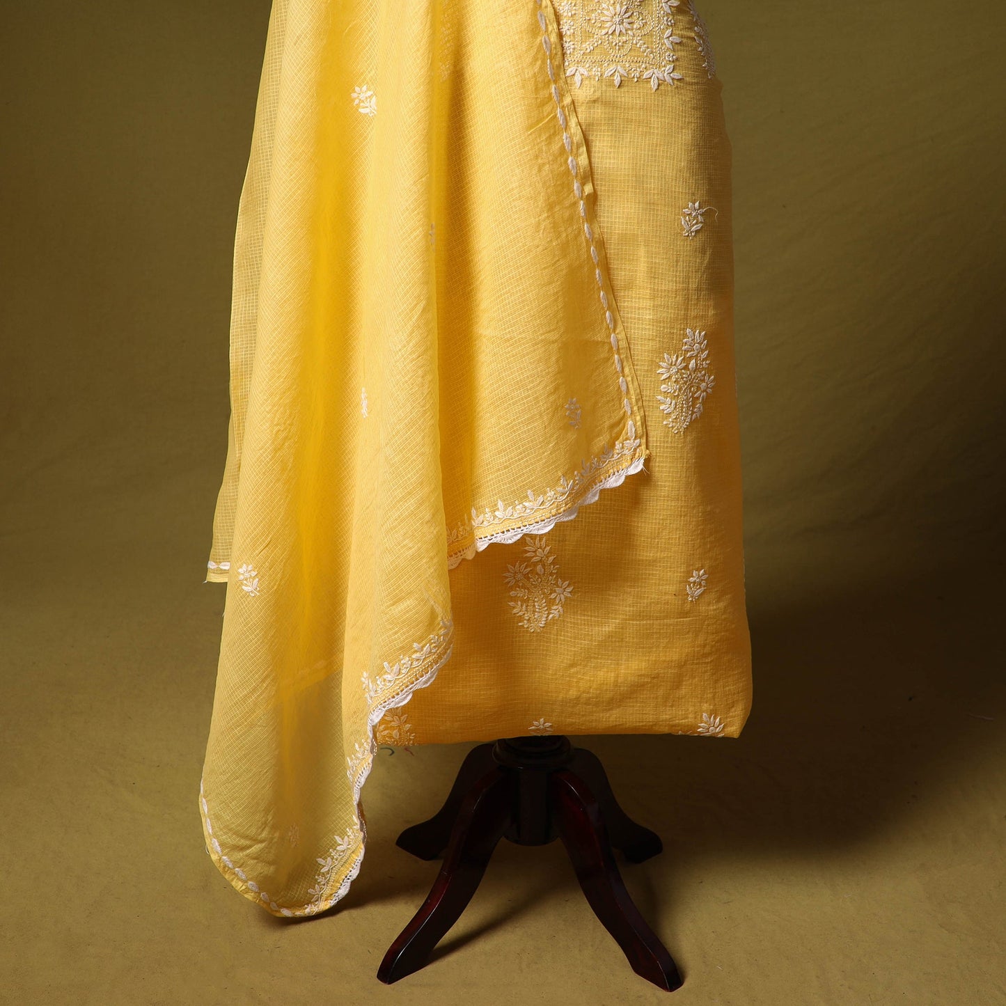 Yellow - kota doria cotton lucknow chikankari 2pc