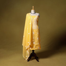 Yellow - kota doria cotton lucknow chikankari 2pc