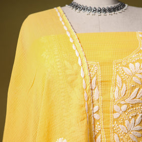 Yellow - kota doria cotton lucknow chikankari 2pc