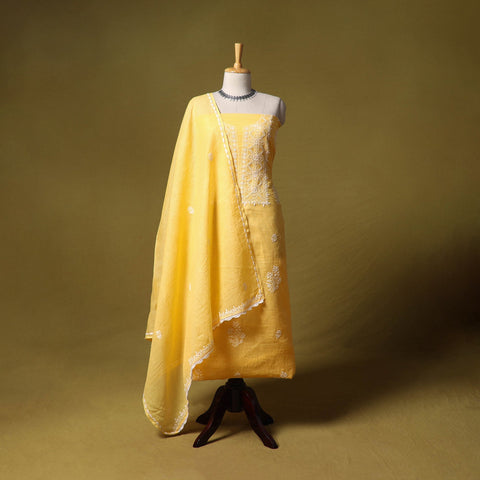 Yellow - kota doria cotton lucknow chikankari 2pc