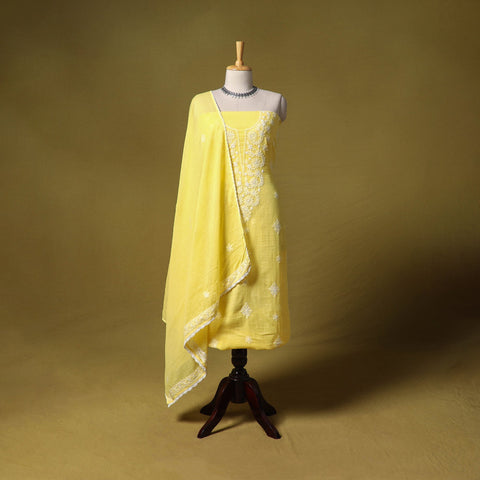 Yellow - kota doria cotton lucknow chikankari 2pc