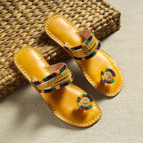 Yellow Kutch Embroidery Handstitched Leather Flat Slippers