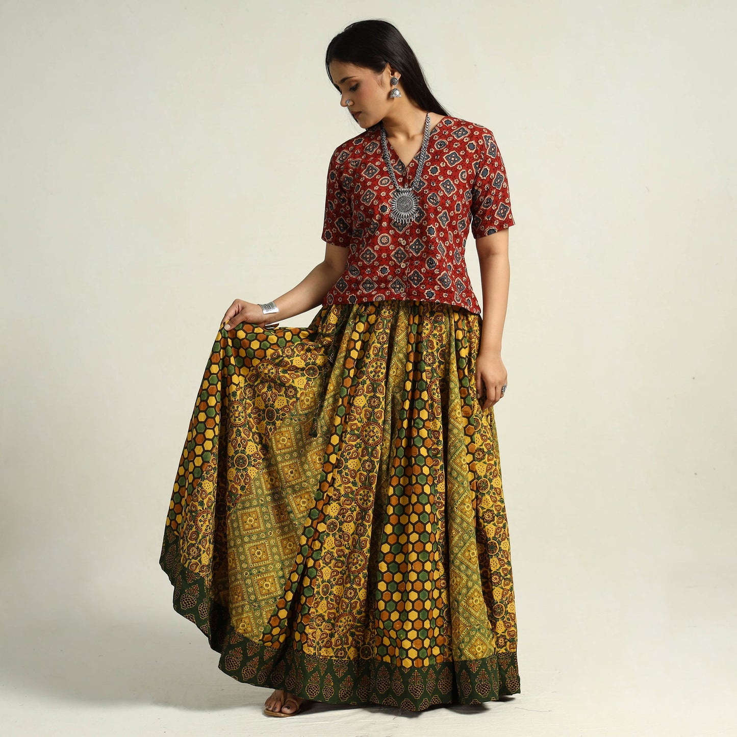 Yellow - kutch printed 24 kali cotton long skirt 33