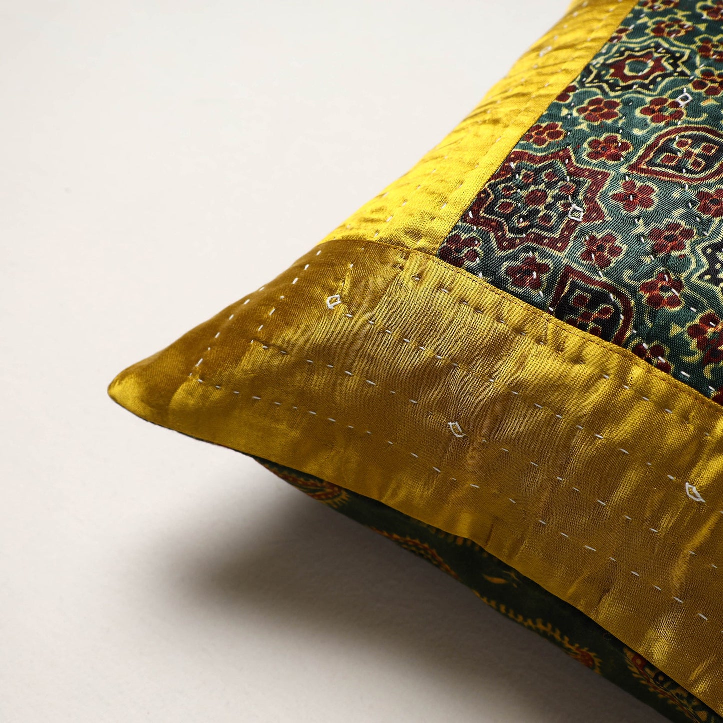 Yellow - kutch tagai work mashru silk patchwork cushion
