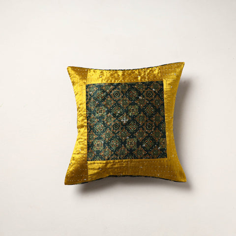 Yellow - kutch tagai work mashru silk patchwork cushion