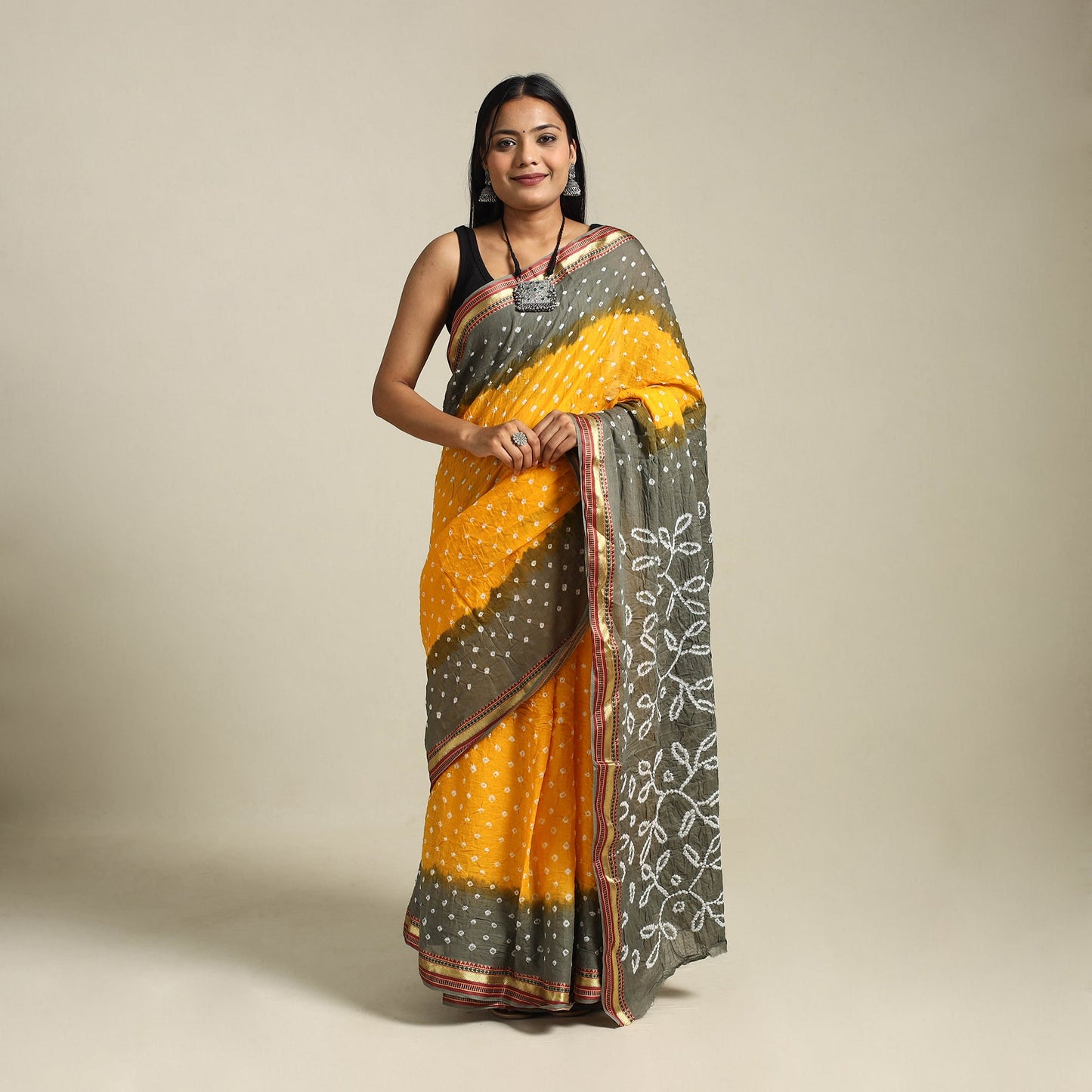 Yellow - kutch tie-dye cotton bandhani saree 10