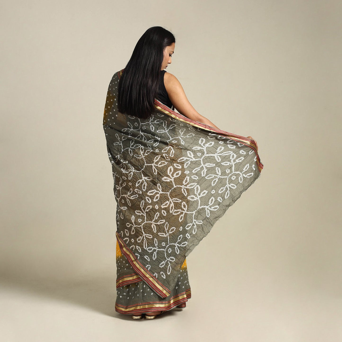 Yellow - kutch tie-dye cotton bandhani saree 10