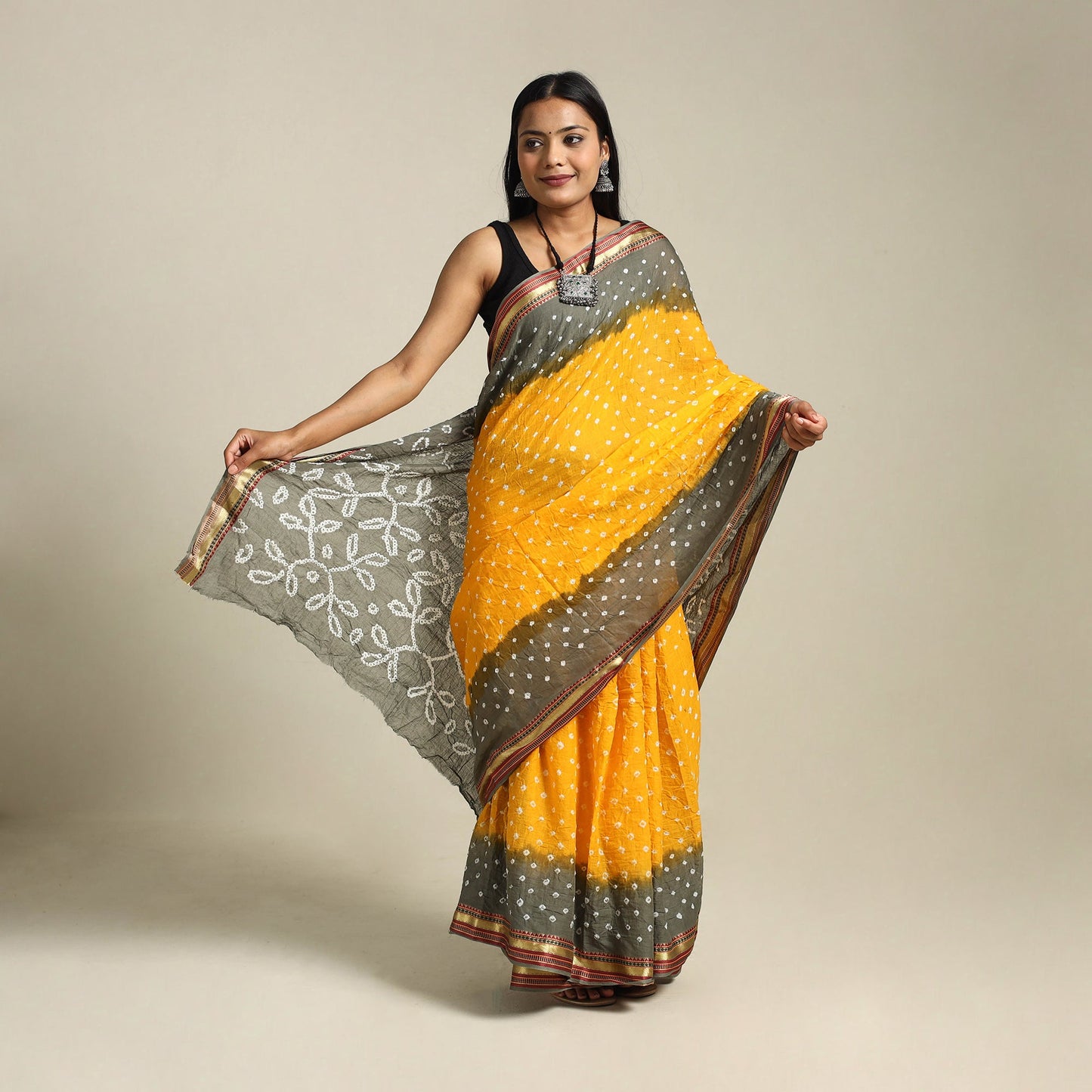 Yellow - kutch tie-dye cotton bandhani saree 10