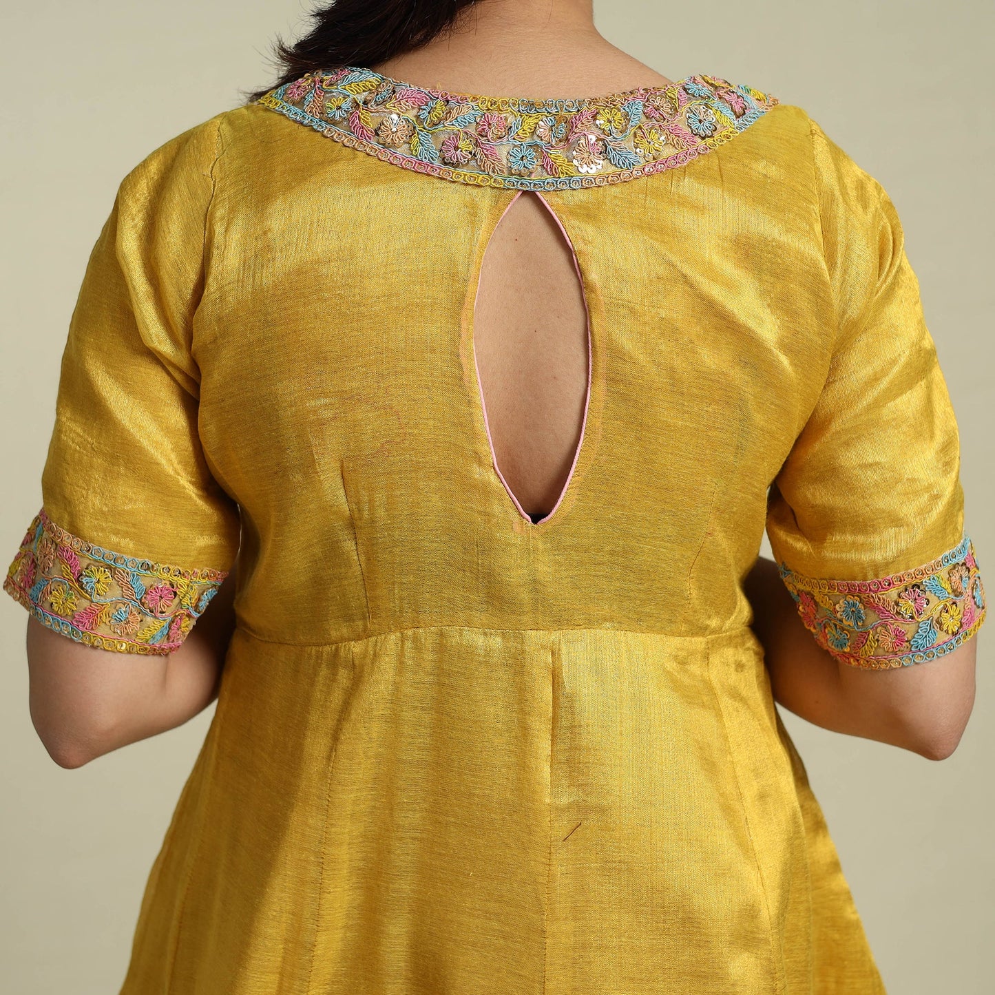 Yellow Lace Work Fine Tissue Zari Plain Anarkali Kurta Set for Women