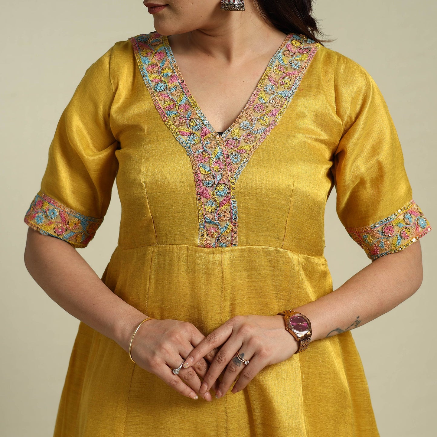 Yellow Lace Work Fine Tissue Zari Plain Anarkali Kurta Set for Women