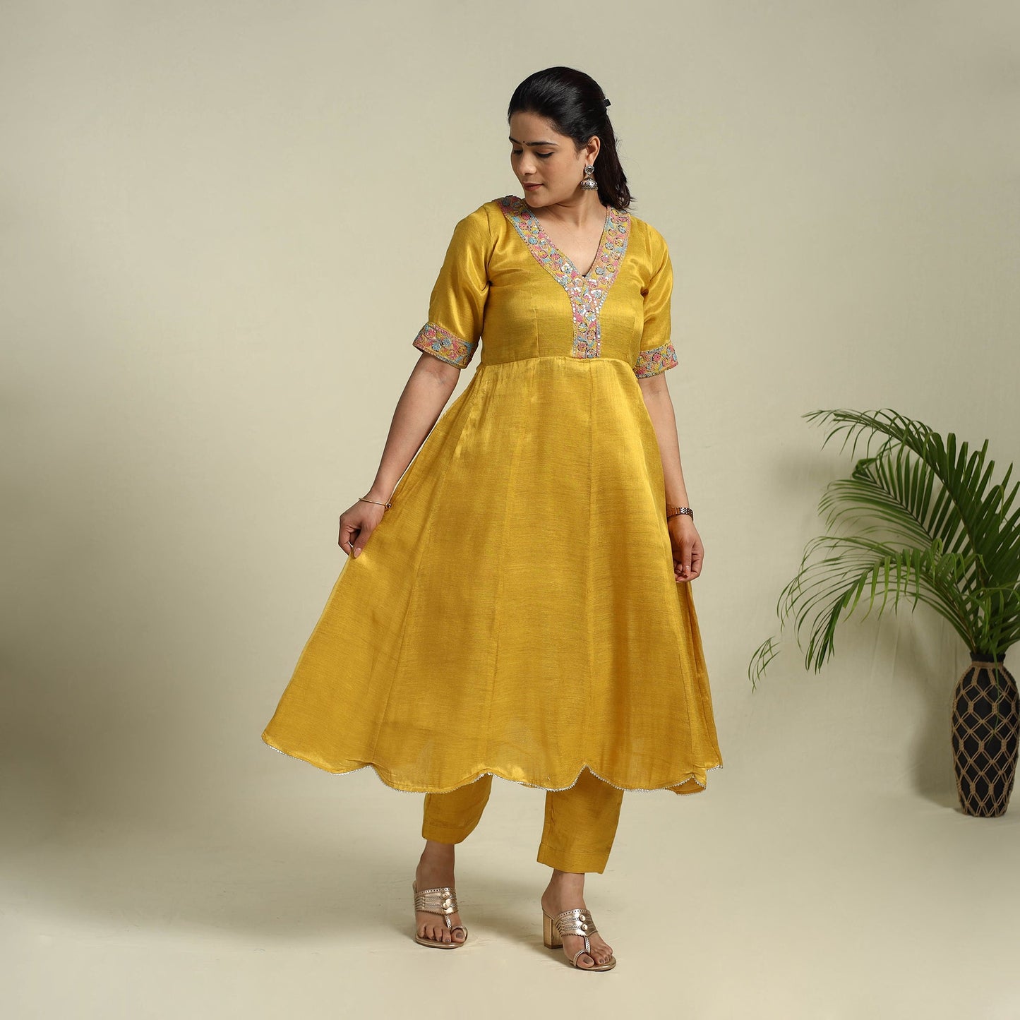 Yellow Lace Work Fine Tissue Zari Plain Anarkali Kurta Set for Women
