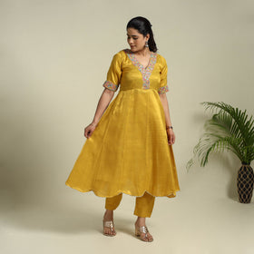 Yellow Lace Work Fine Tissue Zari Plain Anarkali Kurta Set for Women