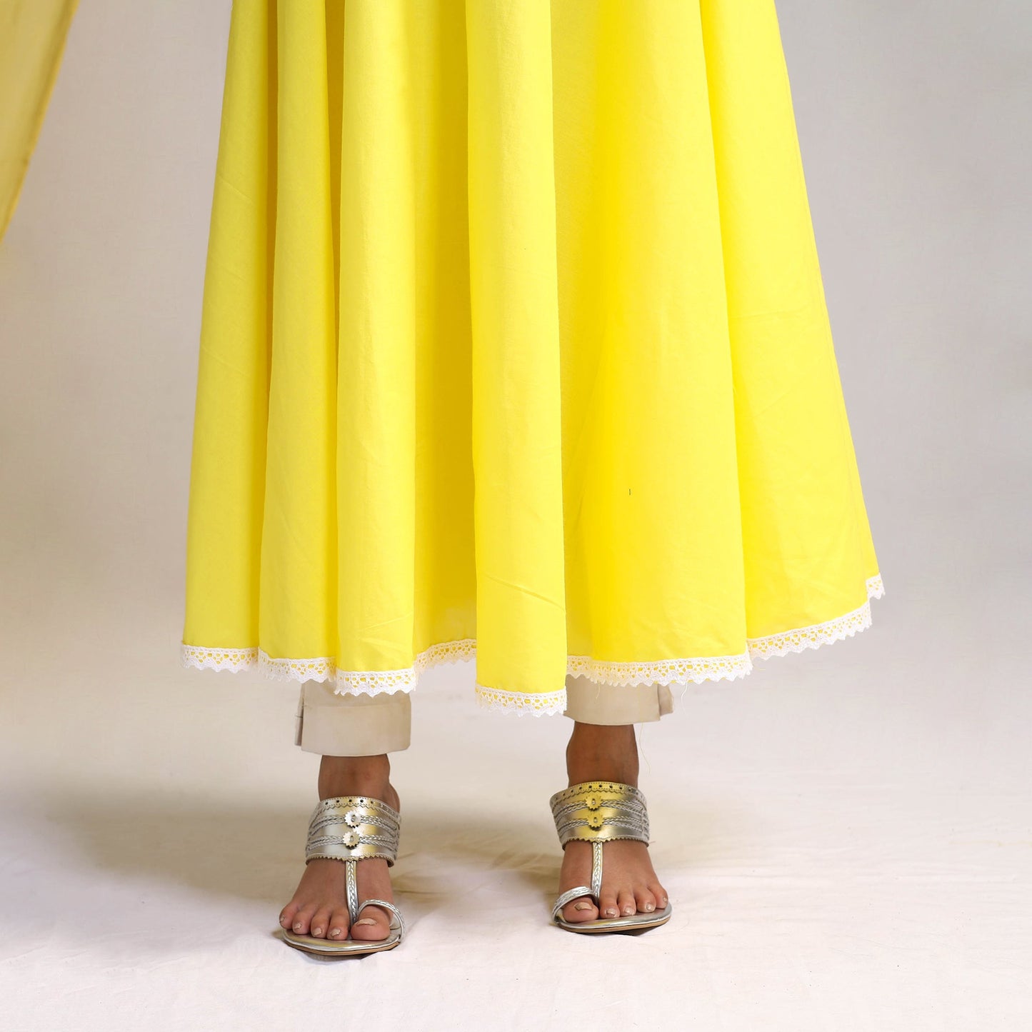 Lace Work Yellow Plain Cotton Anarkali Kurta with Dupatta Set
