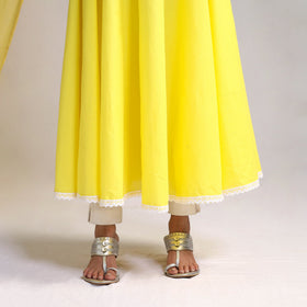 Lace Work Yellow Plain Cotton Anarkali Kurta with Dupatta Set
