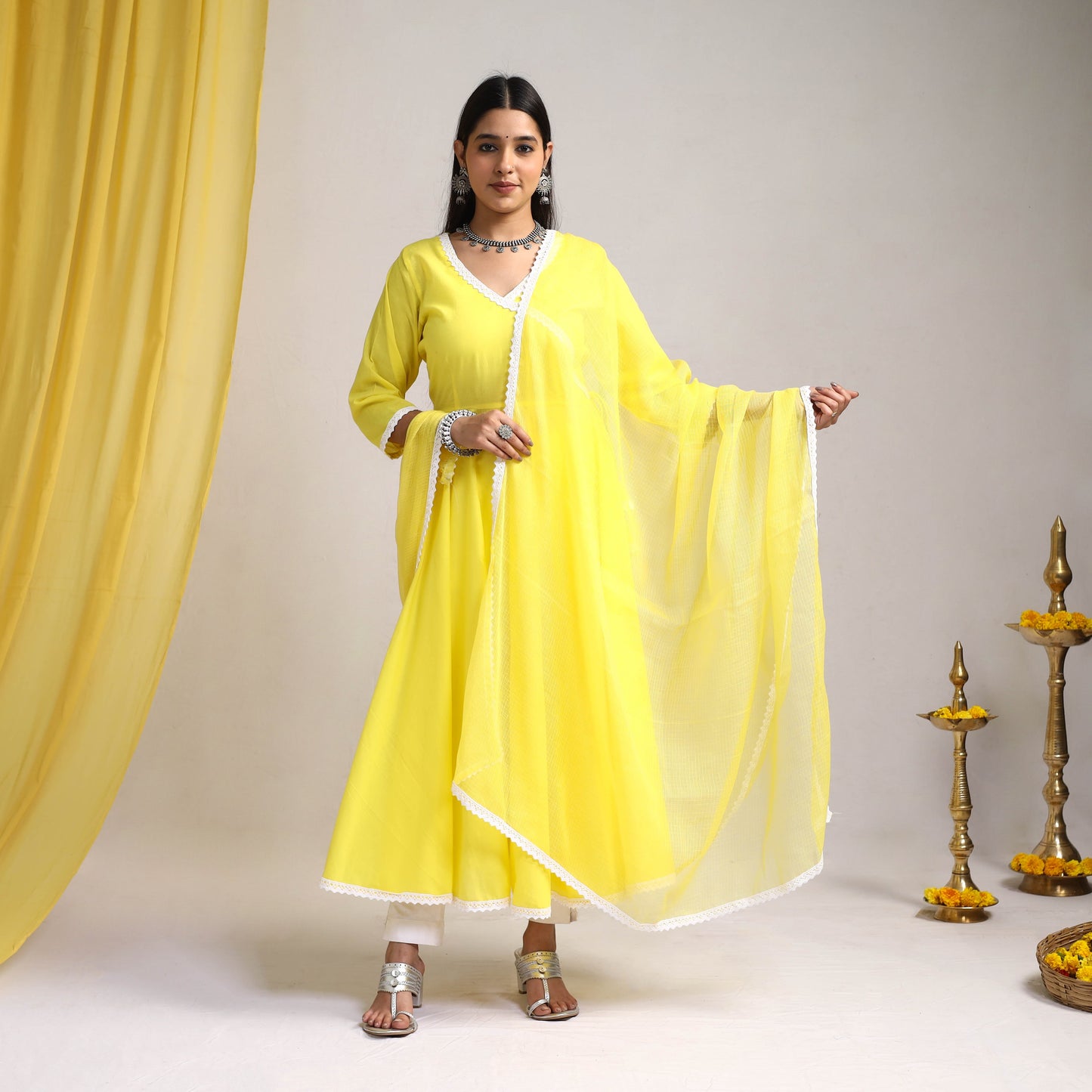 Lace Work Yellow Plain Cotton Anarkali Kurta with Dupatta Set