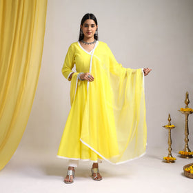 Lace Work Yellow Plain Cotton Anarkali Kurta with Dupatta Set