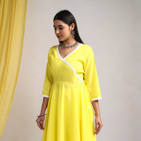 Lace Work Yellow Plain Cotton Anarkali Kurta with Dupatta Set