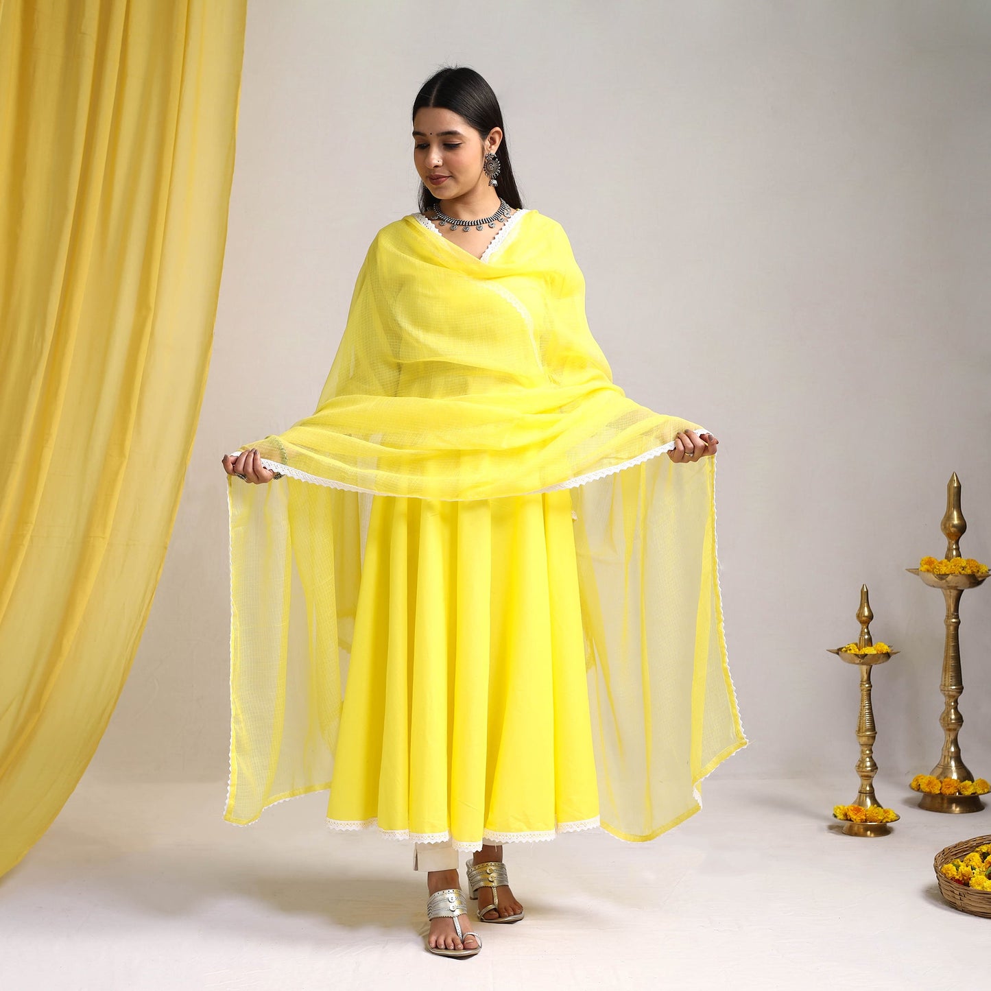 Lace Work Yellow Plain Cotton Anarkali Kurta with Dupatta Set