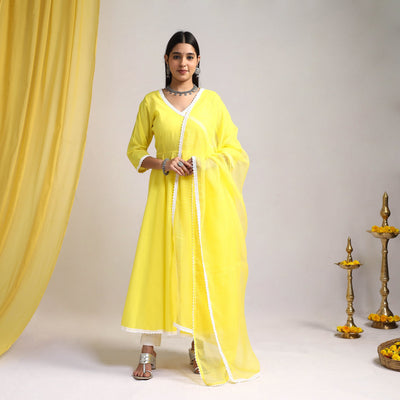 Lace Work Yellow Plain Cotton Anarkali Kurta with Dupatta Set