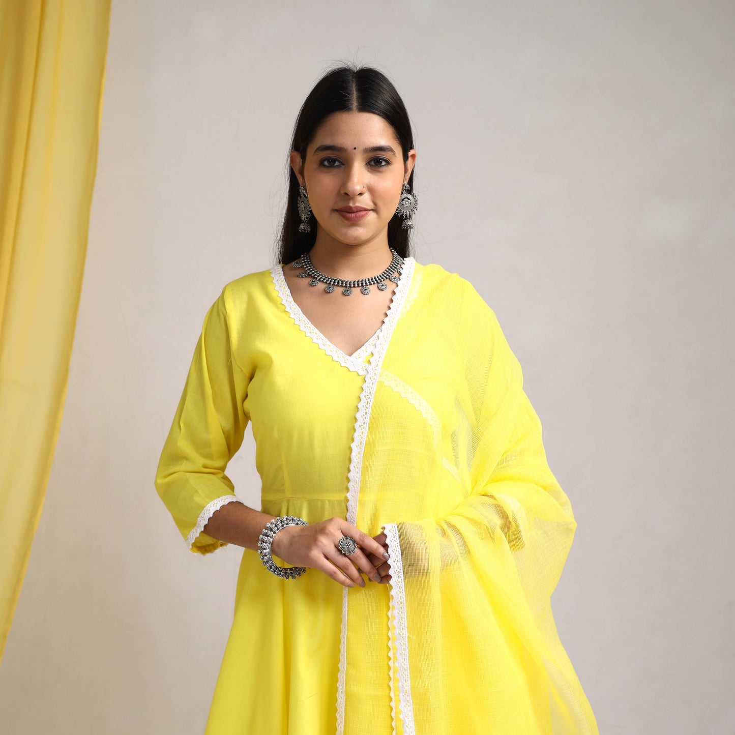 Lace Work Yellow Plain Cotton Anarkali Kurta with Dupatta Set