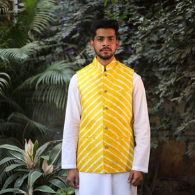 Yellow Leheriya Tie & Dye Chanderi Silk Handloom Nehru Jacket