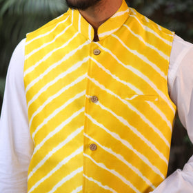 Yellow Leheriya Tie & Dye Chanderi Silk Handloom Nehru Jacket