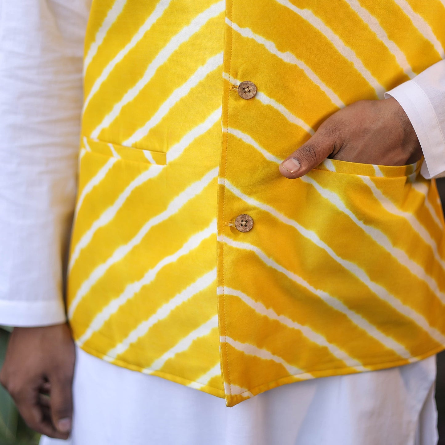 Yellow Leheriya Tie & Dye Chanderi Silk Handloom Nehru Jacket