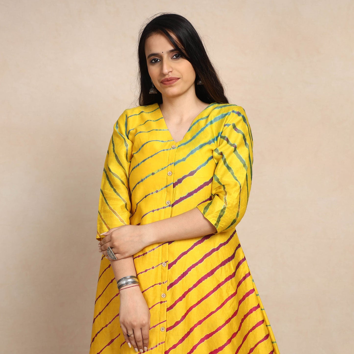  Leheriya Tie-Dye Chanderi Silk Long Kurta 