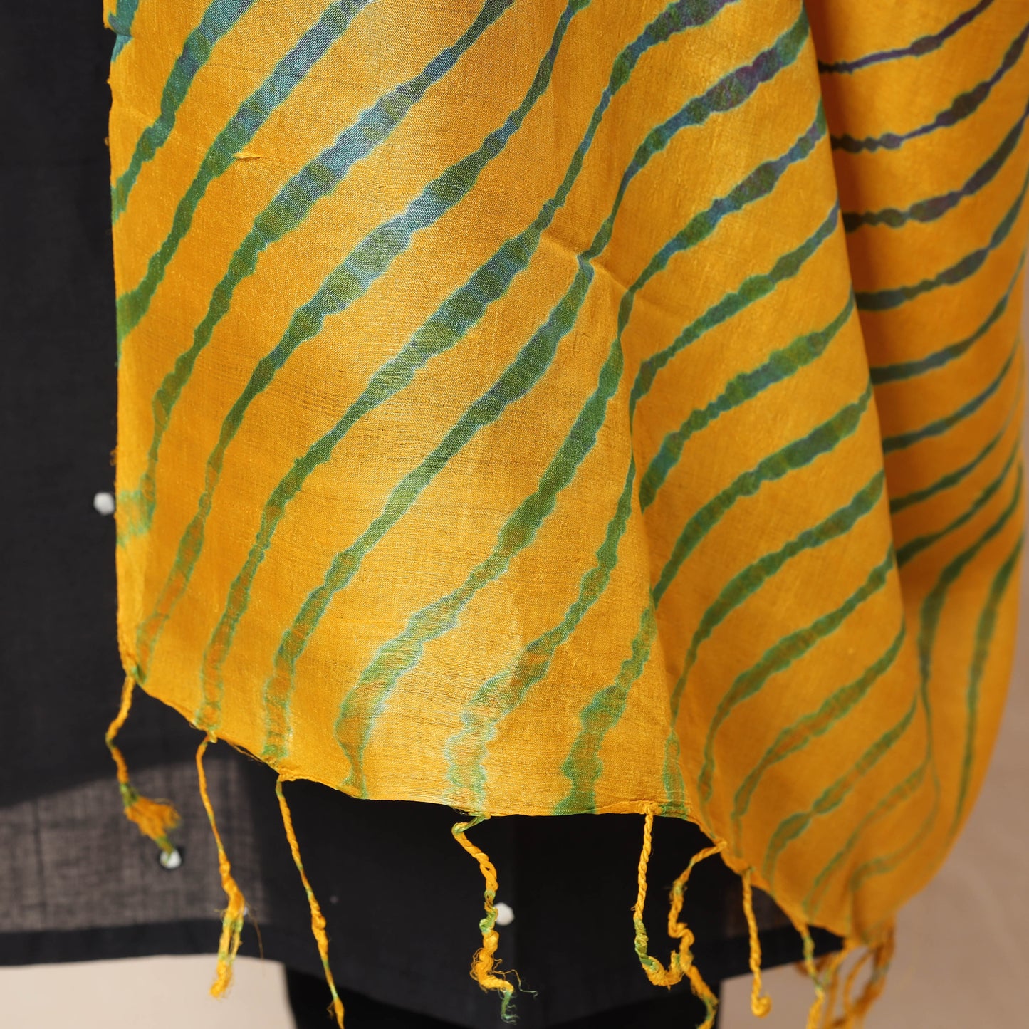 Yellow Leheriya Tie-Dye Tussar Silk Handloom Dupatta with Tassels