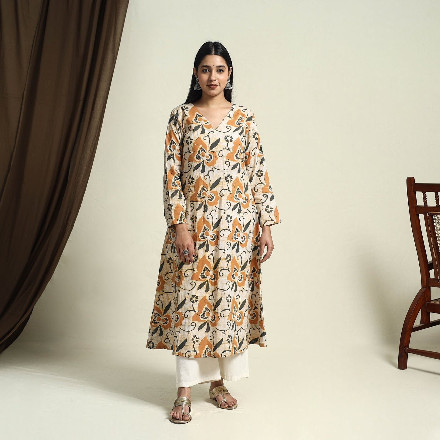 Buy Yellow A-Line Batik Print Cotton Kurta for Women