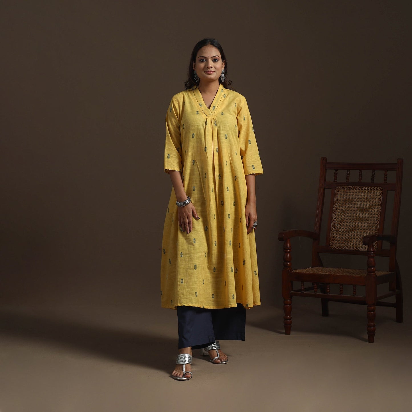 A-line cotton hand embroidered jacquard kurta for women 10
