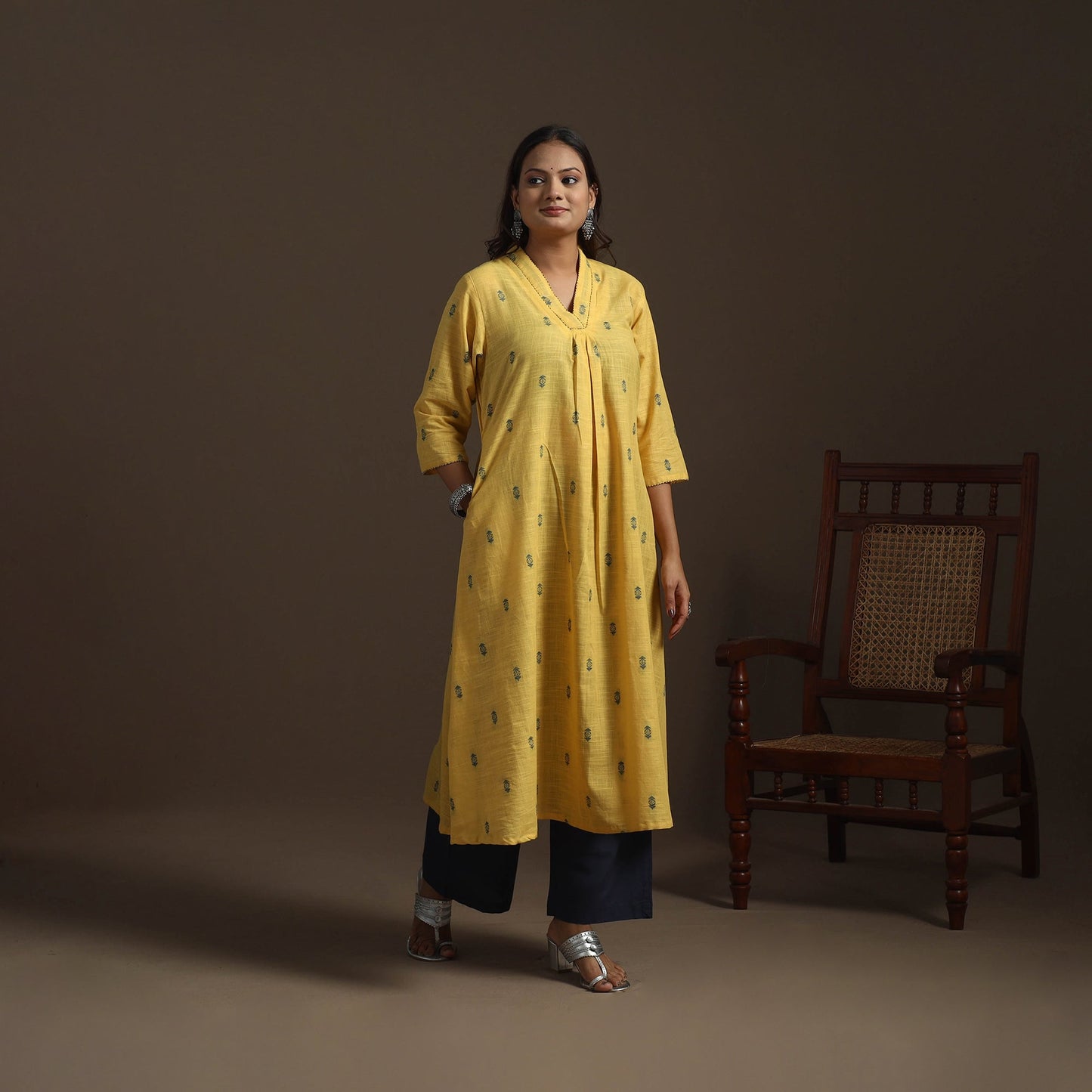 A-line cotton hand embroidered jacquard kurta for women 10