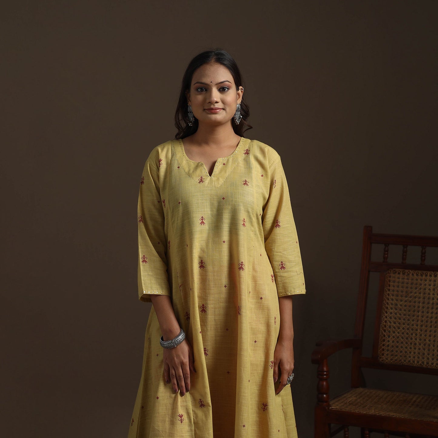 A-line cotton hand embroidered jacquard kurta for women 16