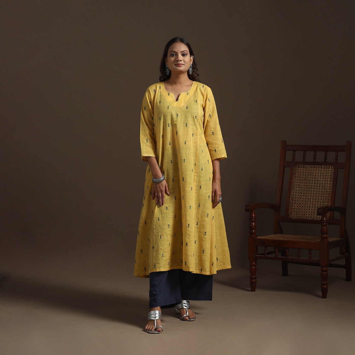 A-line cotton hand embroidered jacquard kurta for women 20