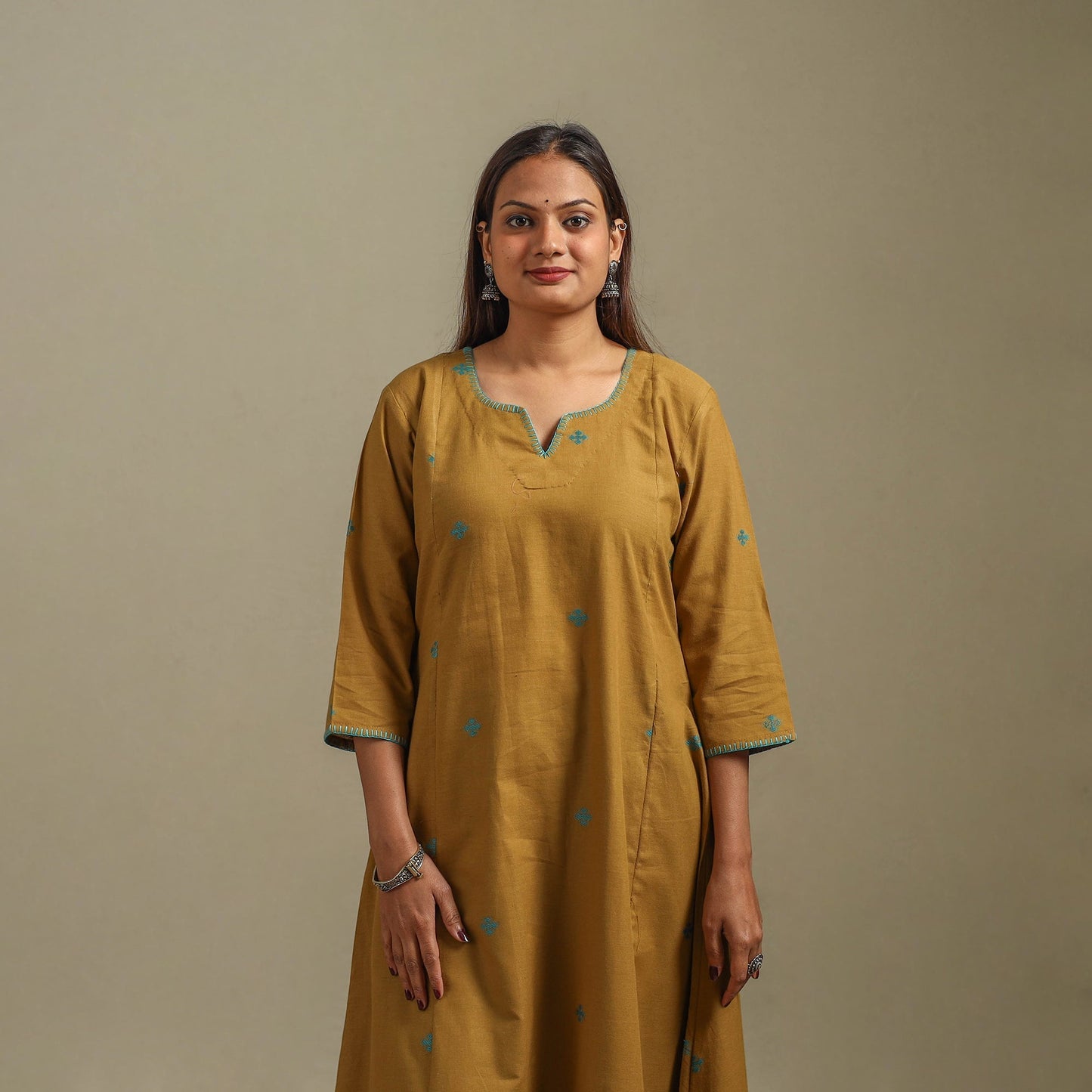 A-line cotton hand embroidered jamdani border thread buti